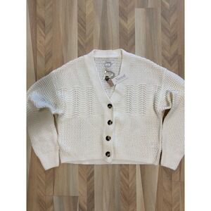 Natural Reflections Womens Cream White Textured Pointelle Cardigan Sweater M